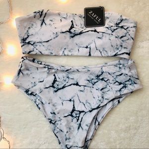 Zaful Marble Print Bandeau Bikini Set
